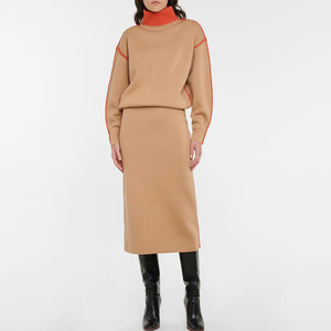 Nouveauté OEM mode pour femmes ensemble de pulls en coton à manches longues et col haut tendance ensemble de 2 pièces à tricoter ensemble décontracté et élégant haut et jupe pull - Product Image 2