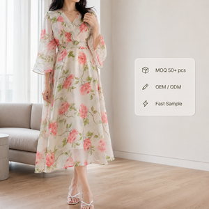 Vestido Midi Cruzado de Gasa Floral para Mujer con Manga Acampanada, Estilo Bohemio, para Verano, Ocio, Vacaciones, Resort, Playa, <span class=keywords><strong>Boutique</strong></span> - Product Image 1