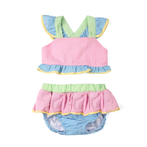 Neu eingetroffen: Baby-Strampler, Sommer, mehrfarbig, Gingham-Seersucker, Baby-Bikinis, Strandkleidung, Baumwolle, zweiteiliger Badeanzug für Mädchen - Product Image 4