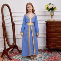 Robe traditionnelle arabe R-784 pour filles, en polyester, longueur cheville, manches longues, bordure en dentelle, vêtements pour enfants