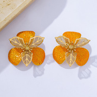 Perhiasan Fashion OEM/ODM Anting Bunga Stereo Tekstur Daun Oranye Anting Bunga Emas Daun Bunga Enamel Oranye