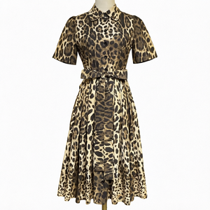 <b>Leopard</b> <b>Print</b> Cotton Dress Turn-down Collar Short Sleeve Vintage A-line Midi Dress with <b>Belt</b> for Autumn - Product Image 1