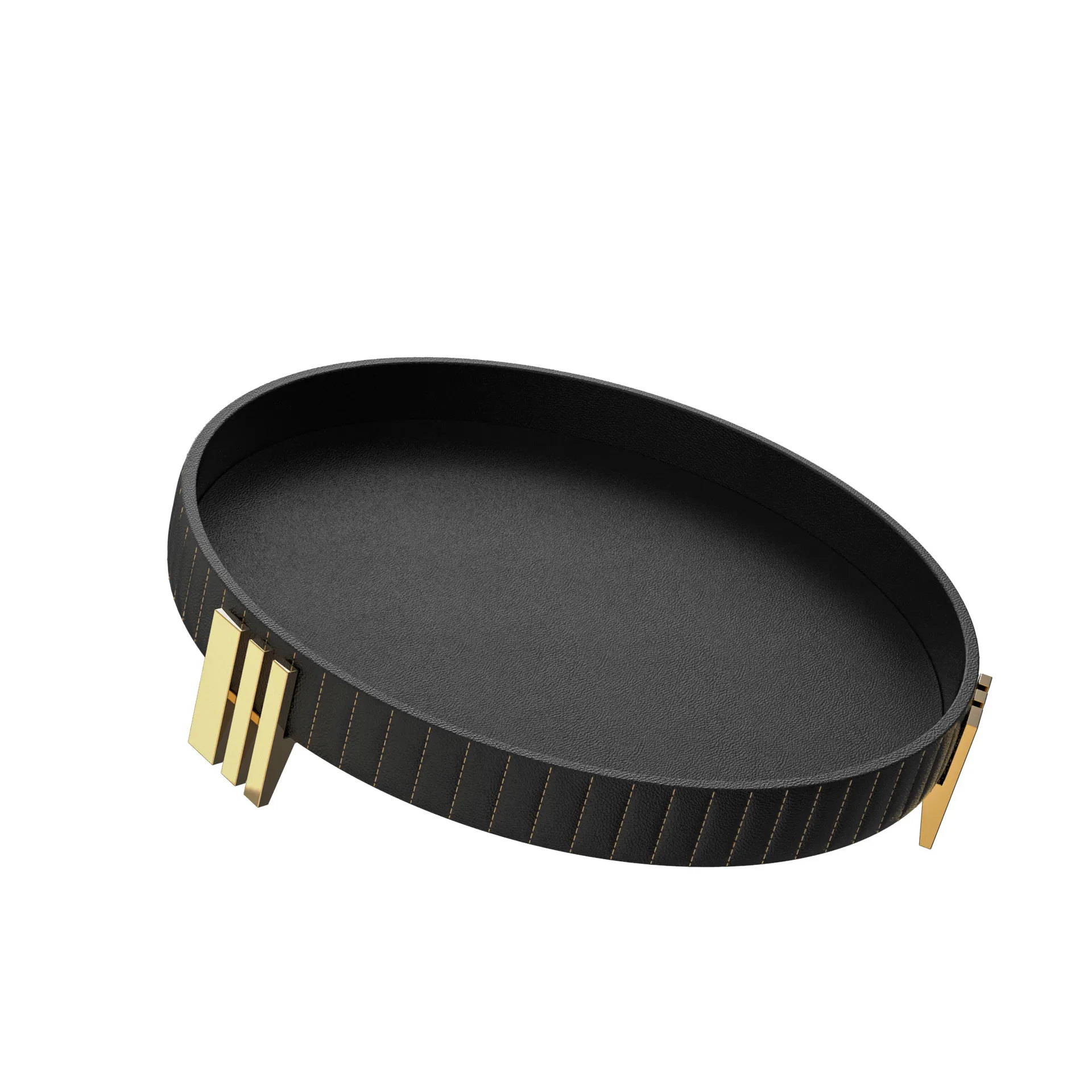 2023 New Design Round Black PU Leather Wooden Serving Tray with Brass Stand