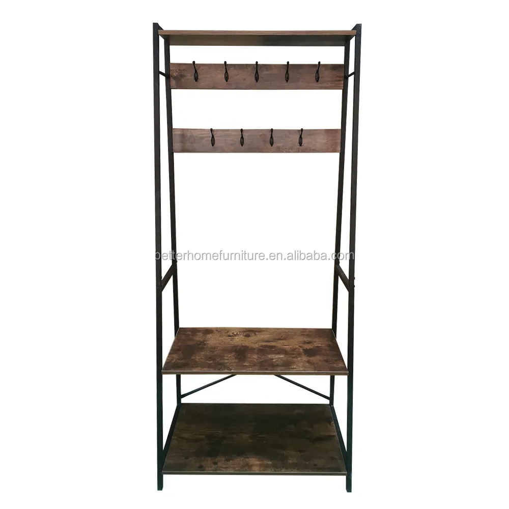 Zjh Hal Entree Industriële Stijl Hout Kleerhanger Stand Metalen Houten Kapstok Met Schoen Bench