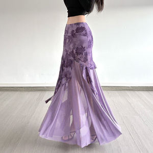Romantic Purple <b>Floral</b> Print Mesh Maxi <b>Skirt</b> Women Irregular Ruffle Hem Sheer Patchwork Vintage <b>Long</b> <b>Skirt</b> Elegant Style - Product Image 3