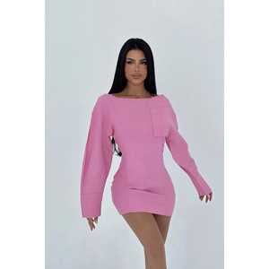 Vestido Largo Rosa con Detalle de Bolsillo, Cuello Cuadrado, Decoración de Diamantes, Diseño Casual Personalizado ODM, Largo hasta la Rodilla, Translúcido, Nuevo - Product Image 3