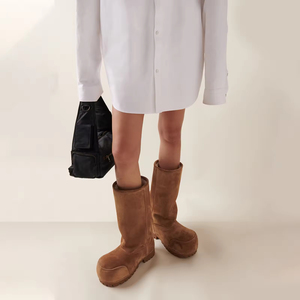 Alta qualità pelle scamosciata neve inverno Designer caldo blocco tacchi grossi a metà polpaccio alta punta rotonda piattaforma di pelliccia stivali da <span class=keywords><strong>donna</strong></span> - Product Image 4