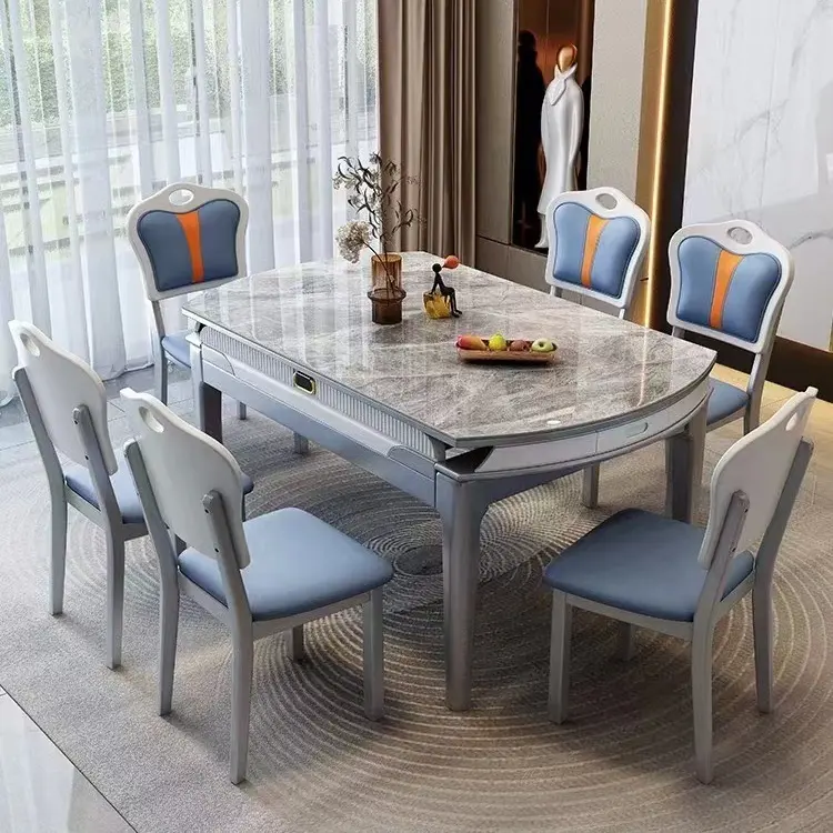 Fabrika fiyat Modern lüks mermer katlanır altı koltuk yemek odası mobilyası yemek masası ve yemek sandalyesi setleri