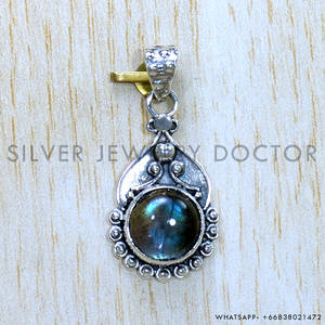 Colgante DE PLATA 925 con piedra lunar arcoíris de fuego azul natural con piedras preciosas, joyería fina hecha a mano - Product Image 2