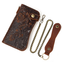 2025 Echt Lederen Portemonnee Gek Paard Lederen Ketting Lange Portemonnee Dragon Patroon Multi-Card Slot Portemonnee Telefoonhouder Portemonnee Portemonnee