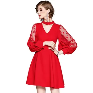 Light and mature elegant red V-neck long-sleeved mesh lantern sleeves mini dress style mini One-Piece Dress evening dress