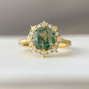 Bague en agate mousse classique romantique tendance de haute qualité plaquée or 18 carats Agate verte naturelle pour femmes - Product Image 2