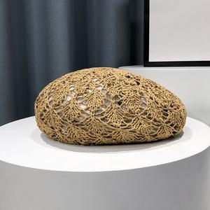 MIO Summer Hollow <span class=keywords><strong>Crochet</strong></span> Boina Sombrero Negro Caqui Moda Pintor Sombrero Protección solar Sombrero de paja Boina <span class=keywords><strong>para</strong></span> mujer - Product Image 4