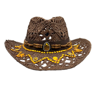 Chapeau de cowboy en paille creuse brun foncé en gros |   Chapeaux de festival Panama personnalisés en bois avec strass jaunes pour femmes et hommes