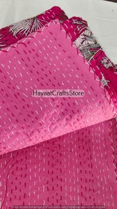 Couverture Kantha artisanale rose bohème imprimée d'animaux et d'oiseaux, décoration d'intérieur, coton fait main pour toutes les saisons - Product Image 4