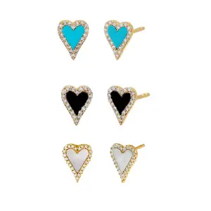 Bling 925 Sterling Silver Minimal Black Turquoise Enamel Heart CZ Women Stud Earring