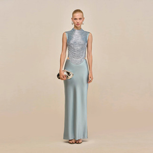 Robe de soirée élégante bleue d'été, haut à franges sans manches et <span class=keywords><strong>jupe</strong></span> longue en satin, sept couleurs, haut de gamme, best-seller 2026 - Product Image 2