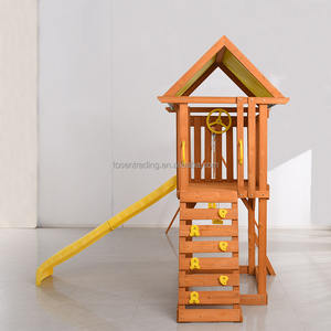 Columpio de madera ecológico con casita de juegos, tobogán amarillo y rocas para escalar, juego de juegos para jardín o patio trasero. - Product Image 6