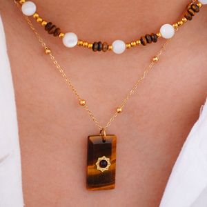 Nouveau design 2026 – Collier pendentif carré en pierre naturelle style vintage français, bijoux en acier inoxydable, vente en gros - Product Image 4