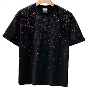 T-shirt pour homme à pois en strass, col rond, manches courtes, coupe oversize, mélange de coton, streetwear, tee-shirt d'été - Product Image 1