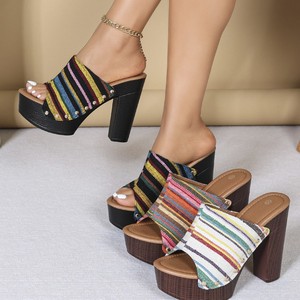 Mules à plateforme à bout ouvert, dessus textile, décoration perlée, chaussures d'été pour femmes, semelle intermédiaire EVA, semelle extérieure PU - Product Image 1