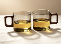 Tasse à thé en verre avec poignée en bois pour usage domestique, tasse en verre carrée résistante à la chaleur avec poignée en bois, 120 ml, tasse de dégustation de thé