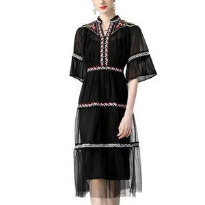 Casual Dresses Women Lady Elegant European Stand Collar Bell Sleeve Chiffon Embroidered Slim Midi Ladies Office And Casual Dress