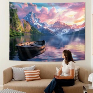Tapiz de Pared de Poliéster con Diseño de Barco en la Montaña al Atardecer Púrpura, Impreso, Lavable a Máquina, Decoración de Pared, Arte de Pared, Venta al por Mayor - Product Image 2