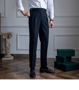 <span class=keywords><strong>Pantalon</strong></span> plissé taille haute britannique vintage personnalisé OEM, anti-plis, coupe droite, formel et décontracté, pour le quotidien et les affaires - Product Image 2