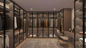 Placard moderne en forme de U avec panneau de portes en verre, meubles de chambre à coucher, armoire en bois en forme de L pour hommes, <span class=keywords><strong>dressing</strong></span> personnalisé - Product Image 6