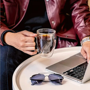 Ensemble de 2 tasses à café en verre à double paroi réutilisables avec poignée, pour boissons chaudes et froides, café, lait, fruits, eau transparente - Product Image 6