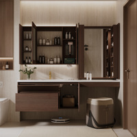 Meuble-lavabo double vasque flottant en bois massif foncé, style élégance française, avec vasque en pierre frittée et armoire miroir LED intelligente