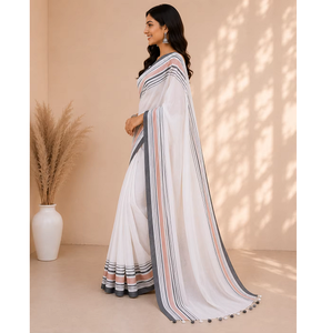 White Cotton Blend Traditional Saree for Women Elegant Soft Lightweight Ethnic Fashion Wear for <b>Office</b> Festival and Events - Product Image 3