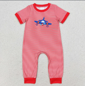 Ready To Ship Baby Boy Outfit Airplane Embroidery Red Striped Short Sleeve Zipper Romper - Product Image 6