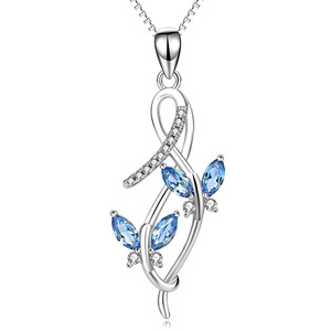 Collana con Ciondolo in Argento con Cristalli Blu a Forma di Marquise, Design Vegetale, Elegante Regalo per Donne, Gioiello con Catena a Scatola - Product Image 1