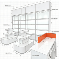 Vitrine d'îlot pour magasin de détail avec finition laquée imitation bois pour cosmétiques, chaussures, sacs, électronique, vaisselle, artisanat