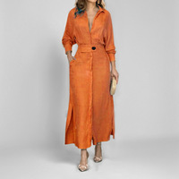 Robe longue élégante fendue pour femme, col à revers, col en V, manches longues, avec poches, style chemise, nouvelle collection printemps-automne, pour le bureau ou décontractée, coupe trapèze