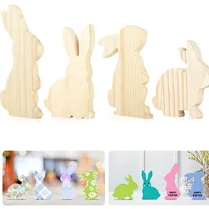Décorations de lapin inachevé en bois de pâques, bricolage 4 pièces