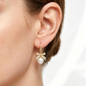 Pearl Stud Earrings For Women Gold Tone With Rhinestone <b>Bow</b> <b>Clip</b> On Earrings Fashion Geometric Design Gift Jewelry - Product Image 4