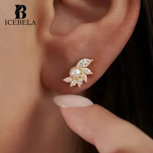 ICEBELA Fine Jewelry Shell Jewelry Statement Women Ear Stud Inlaid Zircon Marquise Cut 925 Silver Flower Drop Earrings For Women