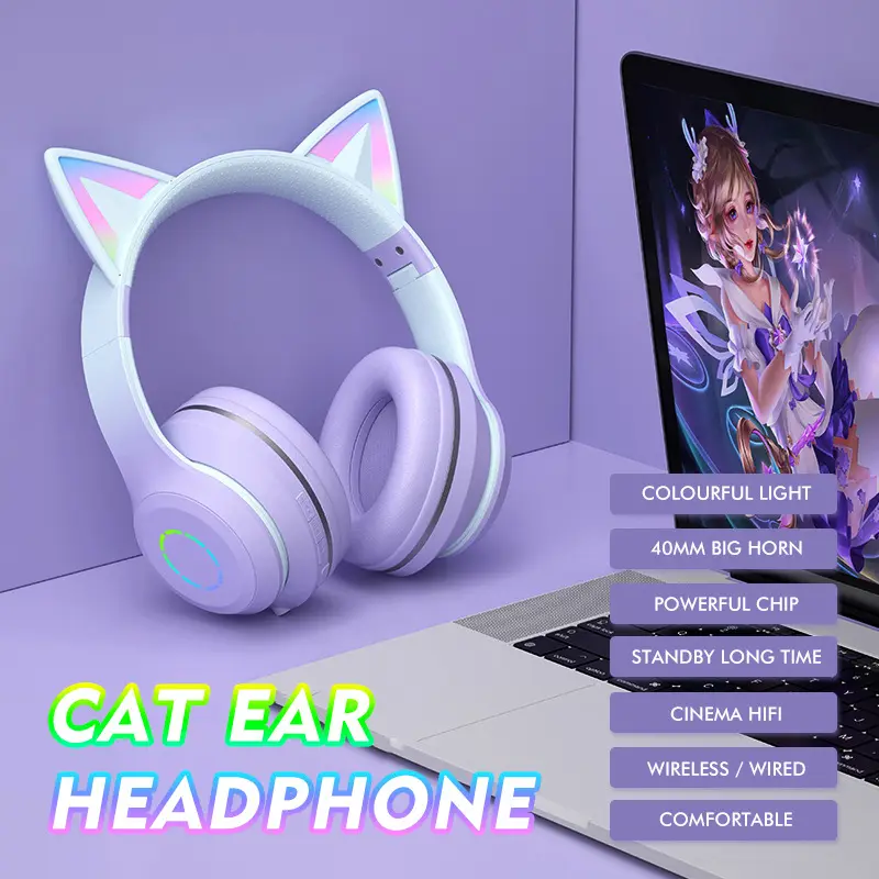 Auriculares inalámbricos con Bluetooth 5,2 y luz Led para niños, audífonos inalámbricos con diseño de gato rosa que cambian de color, para videojuegos