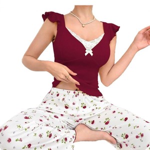 Pyjamas pour femmes de style nouveau 2025 avec bordure en dentelle, imprimé floral décontracté tendance, vêtements de maison pour femmes 7059 - Product Image 5