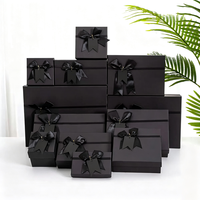 Boîte cadeau de luxe noire rigide avec couvercle et base, avec nœud en satin, ensemble de sacs cadeaux en papier assortis, logo personnalisé, bijoux, parfum, mariage, anniversaire