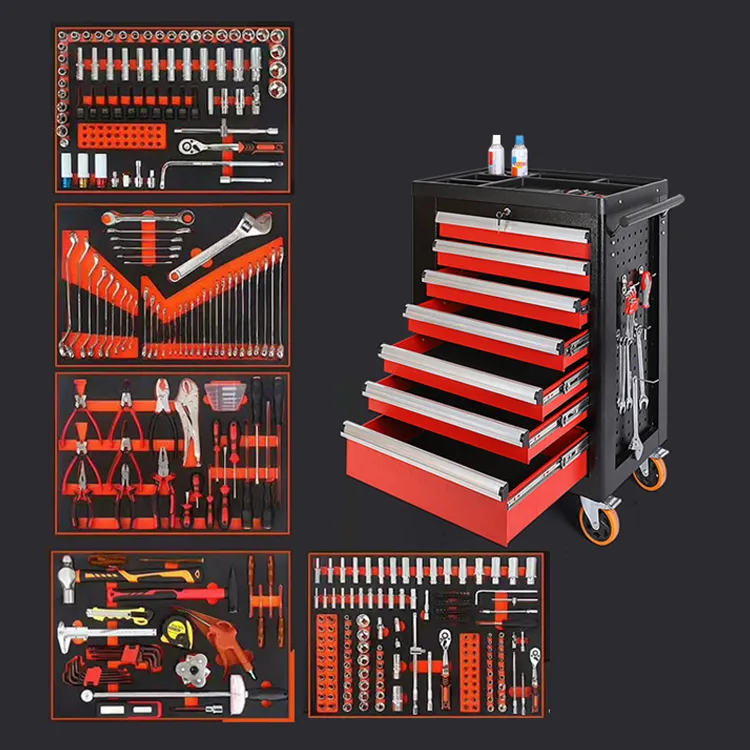 Caja de herramientas de acero con 7 cajones, 369 Uds., gabinete de rodillos, taller, garaje, herramienta rodante, gabinete, carrito con herramientas