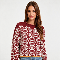 Pull en tricot jacquard pour femmes, col rond à manches longues, pull court, haut en tricot géométrique vintage personnalisé pour femmes OEM ODM