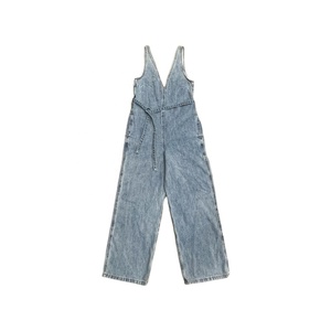 Combinaison en jean pour femme sans manches, col en V, taille haute, coupe droite, pantalon long, ceinturée, bleu clair délavé - Product Image 1