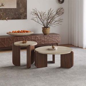 Mesa de Centro Redonda de Piedra Sinterizada para Sala de Estar, Mesa Baja Minimalista con Patas de Madera Sólida para Balcón - Product Image 2