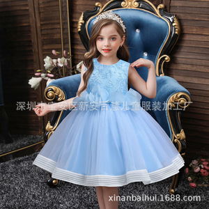 Vestido de princesa de encaje azul claro para niñas pequeñas, vestido de verano de gasa con corte en A, bordado y falda de tul - Product Image 1