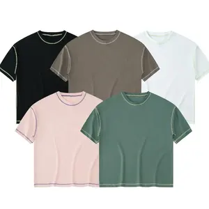 Personalizado tecer reverso camiseta 100% algodão cortar e costurar camisetas bordados personalizados boxy fit contraste costura homens camiseta