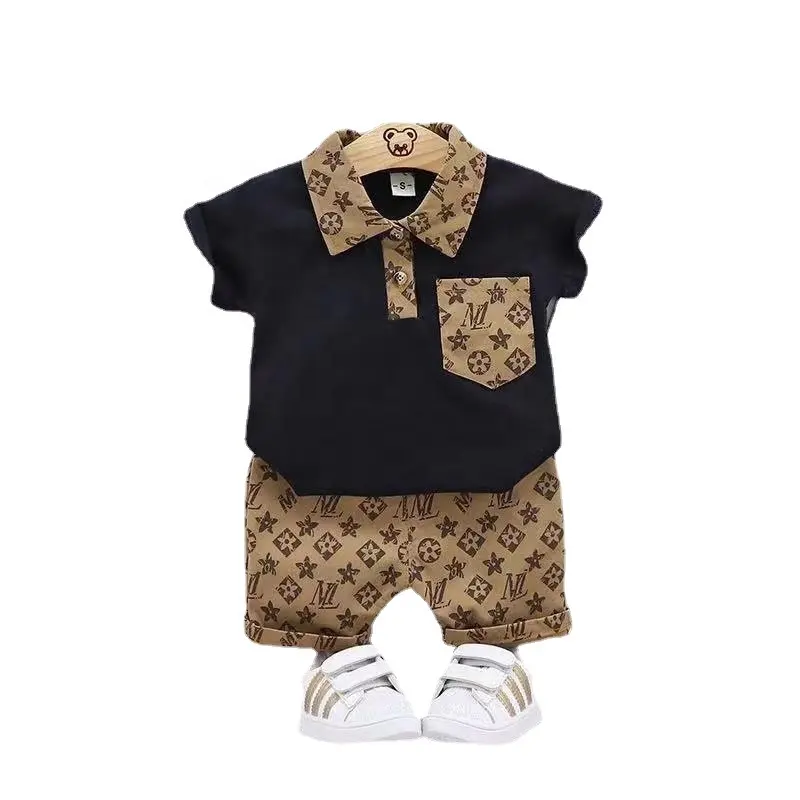 2023 Summer new baby Quality Set Clothing children set print splicing color POLO shirt short sleeve shorts for boys two piece